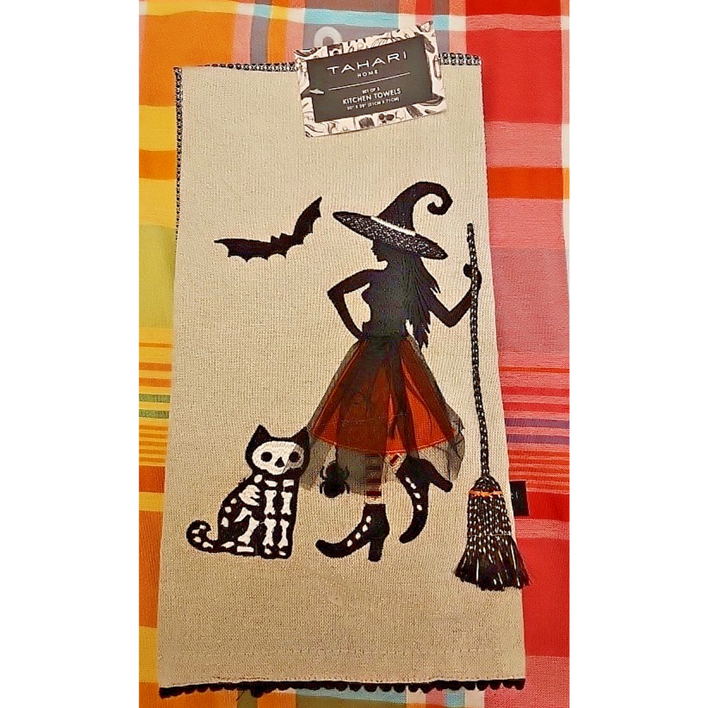 Set of 3 Hand Towels With Witch, Bat, Cat. Tahari Home. Back In Stock